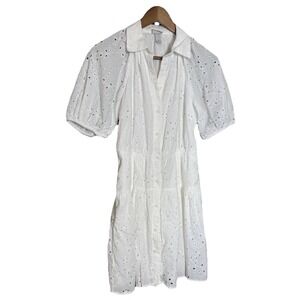 A New Day Eyelet Balloon Short Sleeve Mini Shirt Dress XS White Flaw‎ Beachy